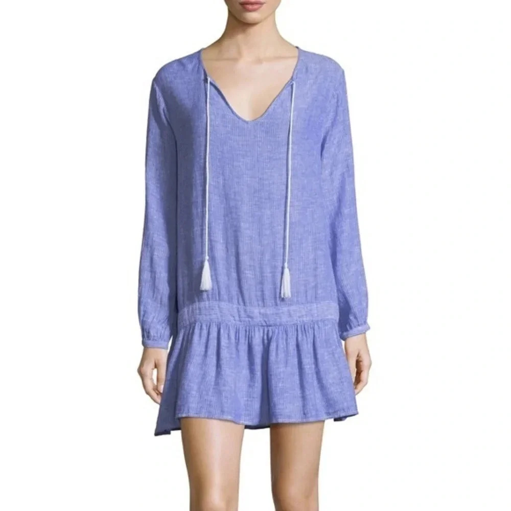 Rails Lydia Split Neck Drop Waist Blue White Stripe Linen Mini Dress Size Medium